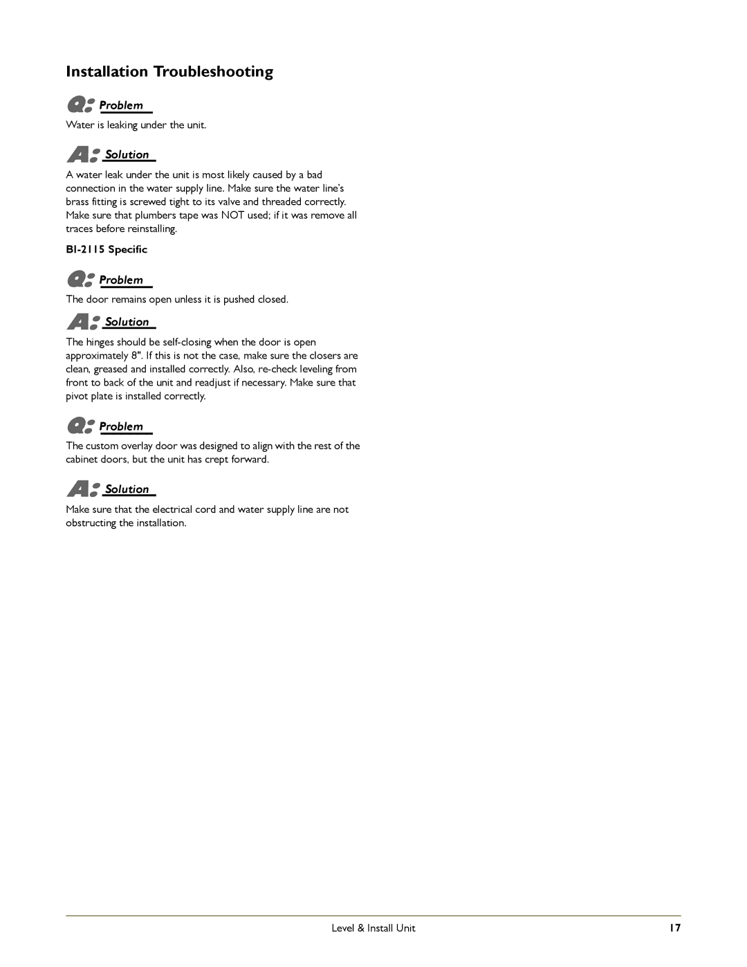 U-Line ADA15IM manual Installation Troubleshooting, BI-2115 Specific 