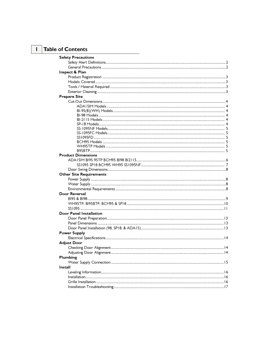 U-Line ADA15IM manual Table of Contents 