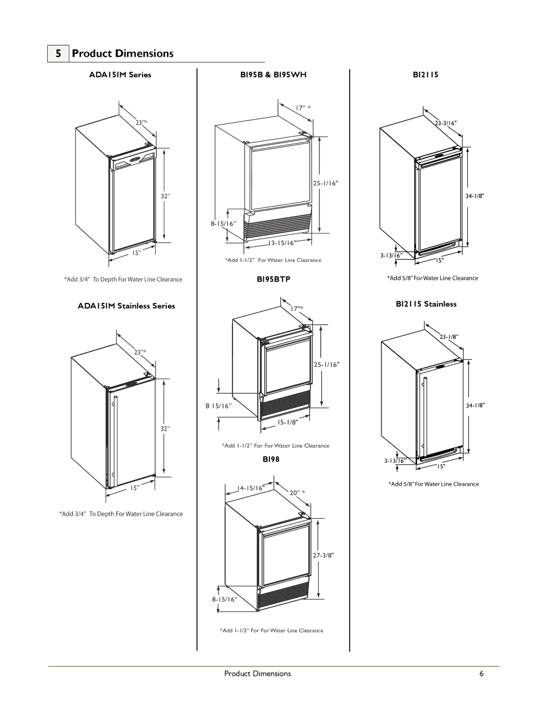 U-Line manual Product Dimensions, ADA15IM Series, ADA15IM Stainless Series BI95B & BI95WH, BI98 BI2115, BI2115 Stainless 