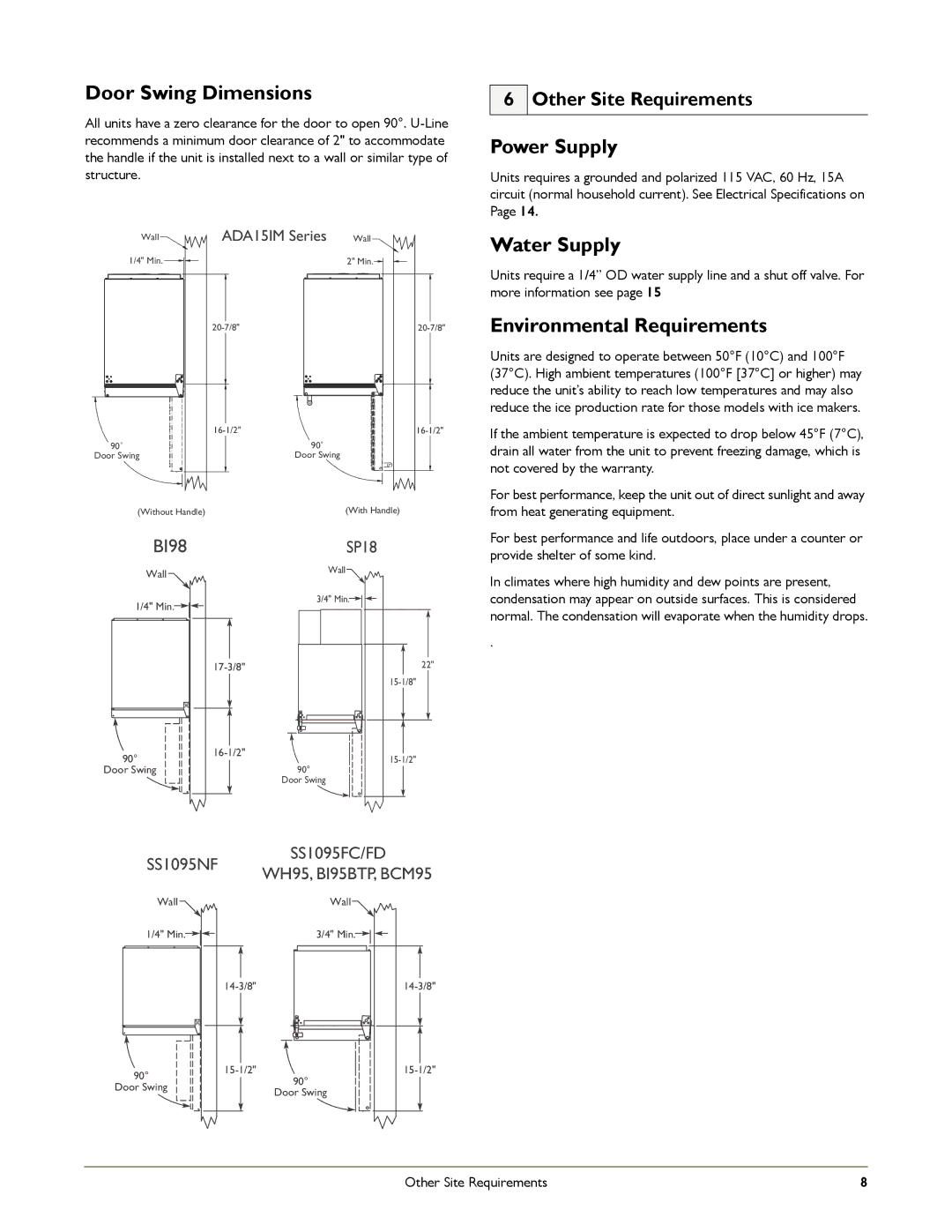 U-Line ADA15IM Door Swing Dimensions, Power Supply, Water Supply, Environmental Requirements, Other Site Requirements 