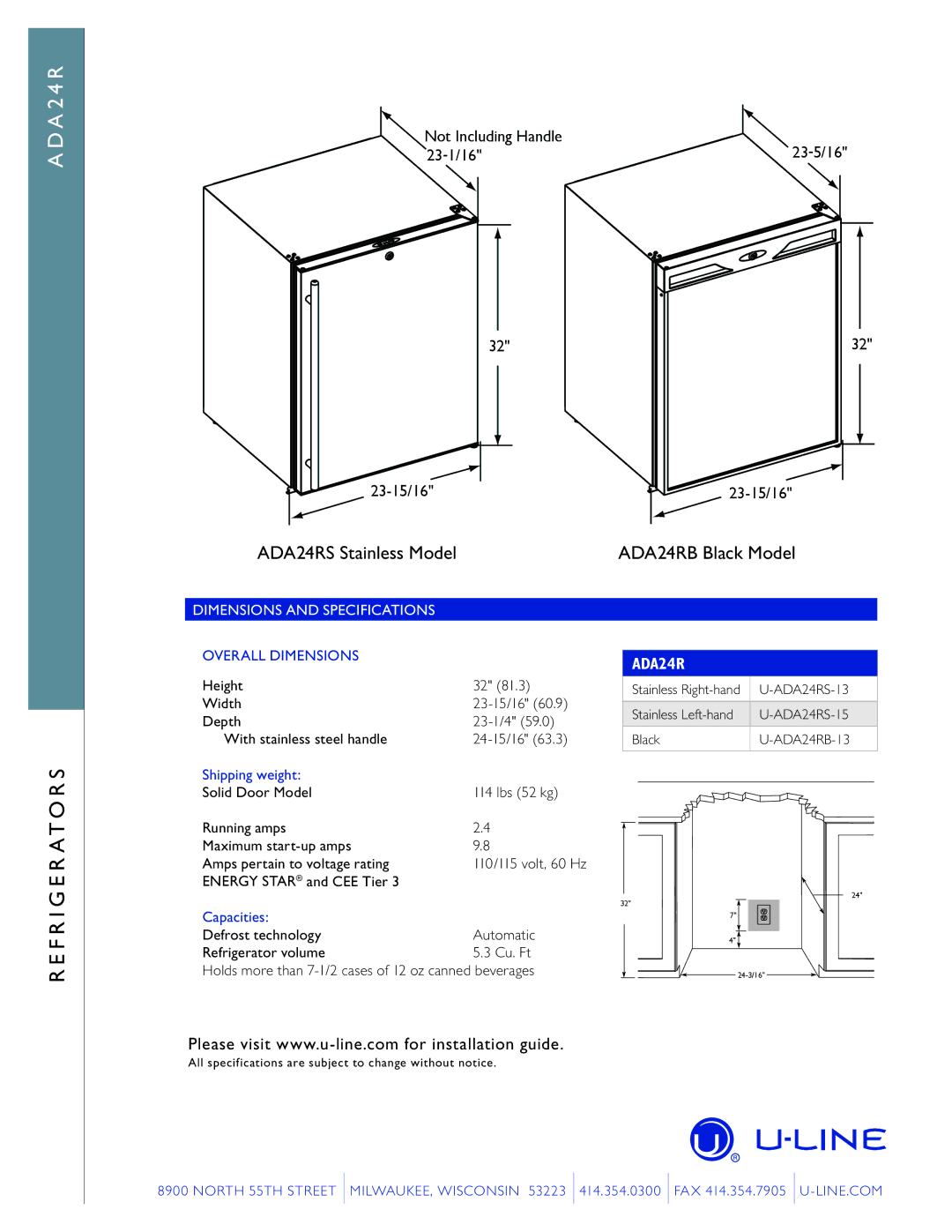 U-Line ADA24R manual Dimensions and Specifications, Overall Dimensions, Shipping weight, Capacities 