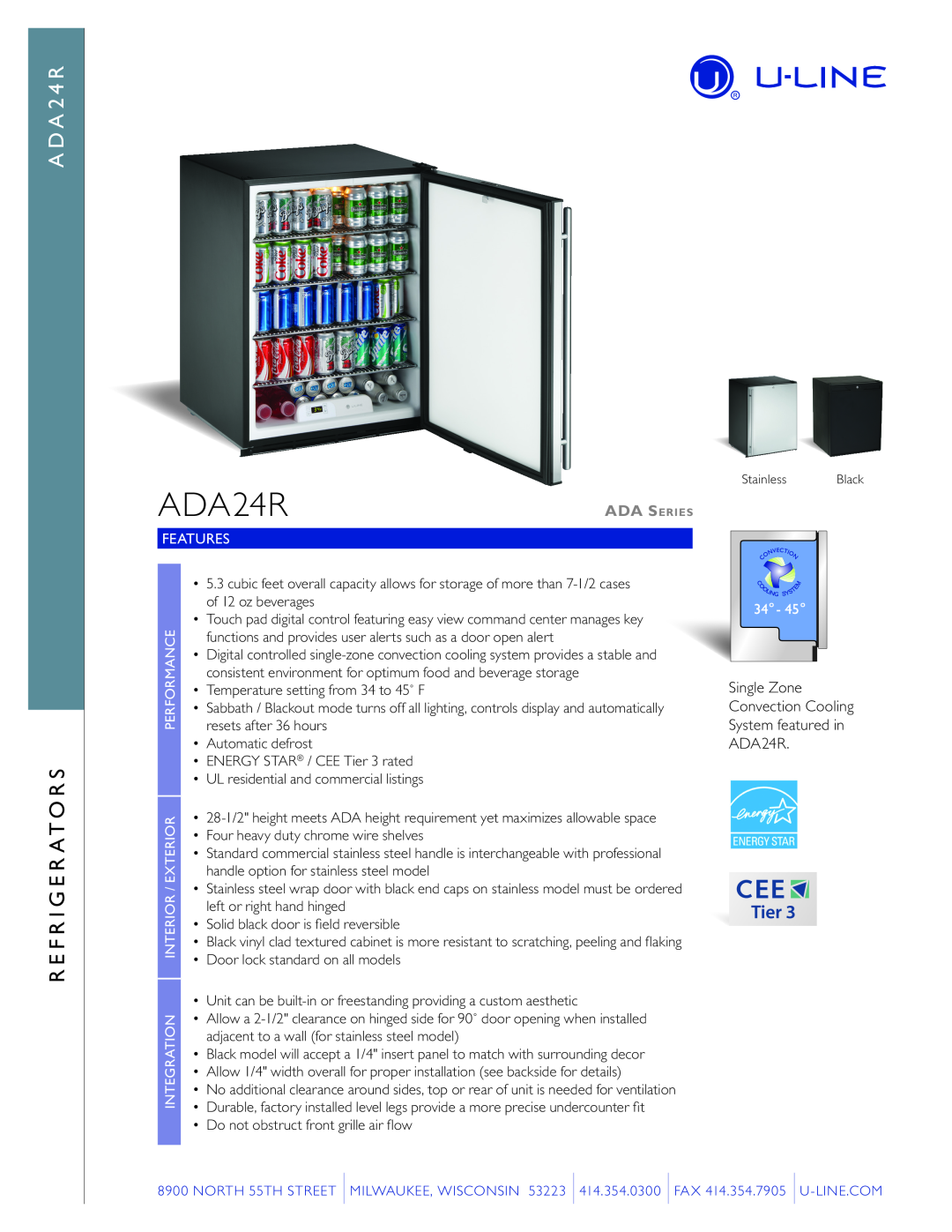 U-Line manual A D A S E R I E S, Refrigerator Models ADA24, ADA24RADA24RGL, Use and Care Guide 