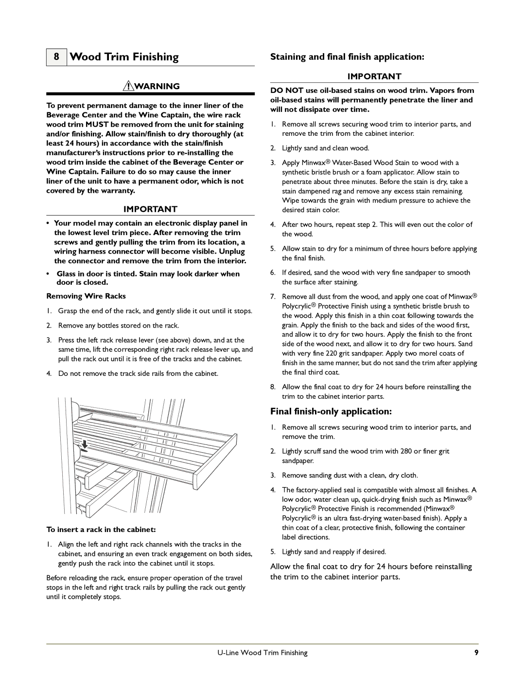 U-Line ADA24RG manual Wood Trim Finishing, Staining and final finish application, Final finish-only application 