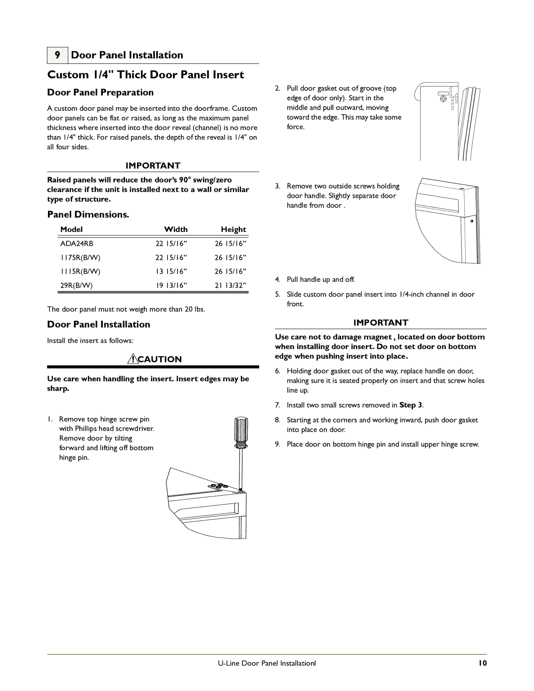 U-Line ADA24RG manual Custom 1/4 Thick Door Panel Insert, Door Panel Installation, Door Panel Preparation, Panel Dimensions 