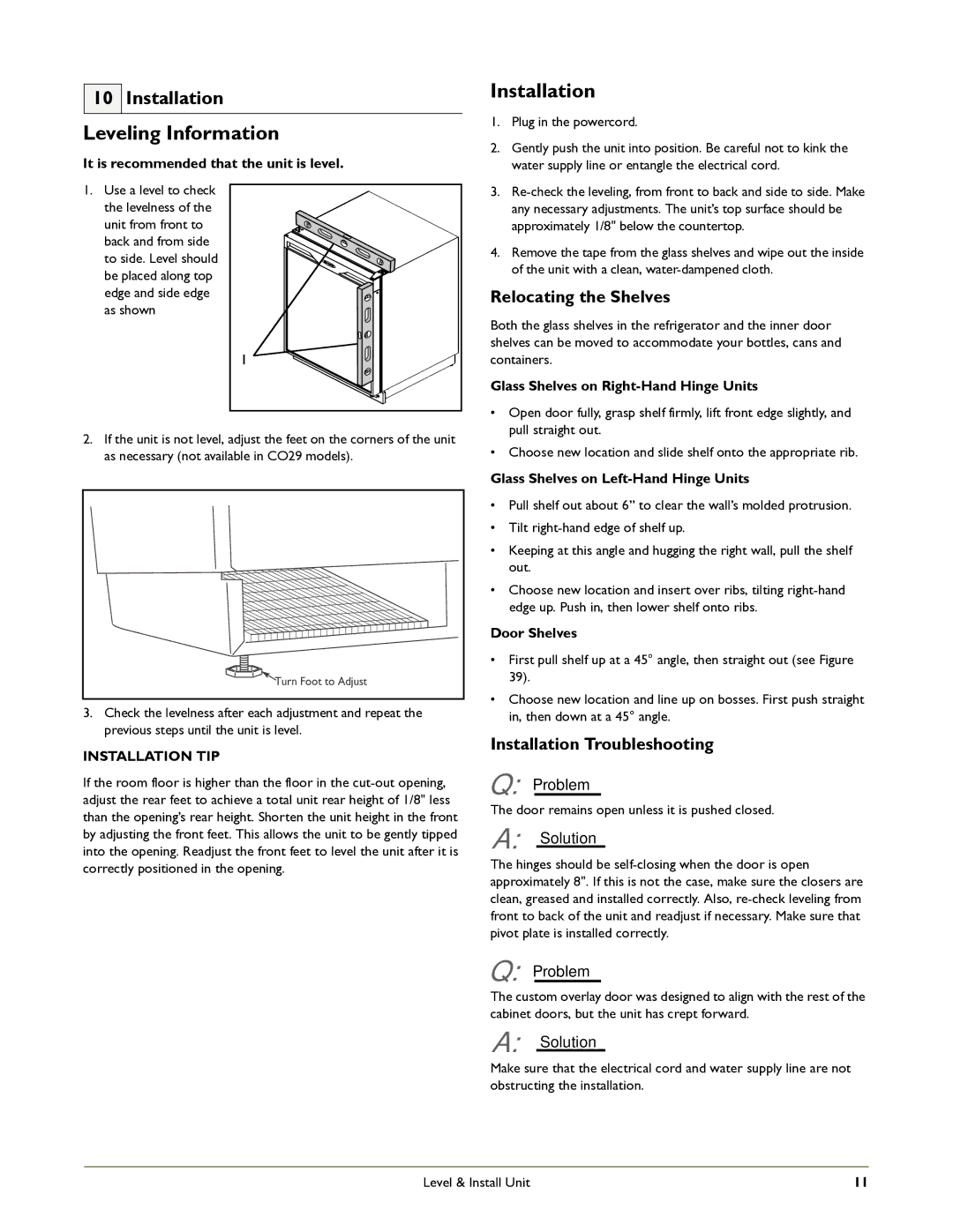 U-Line ADA24RG manual Leveling Information, Relocating the Shelves, Installation Troubleshooting 