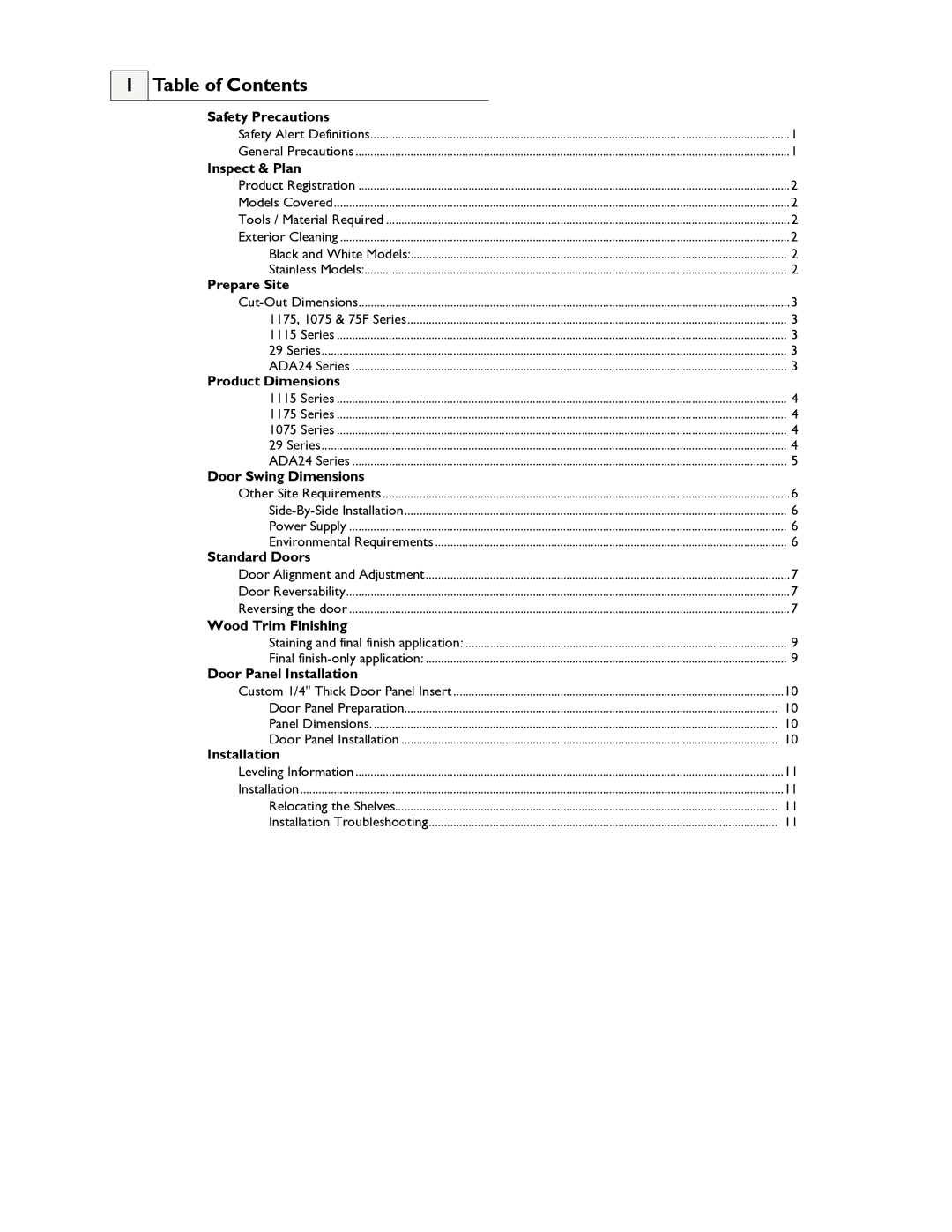 U-Line ADA24RG manual Table of Contents 