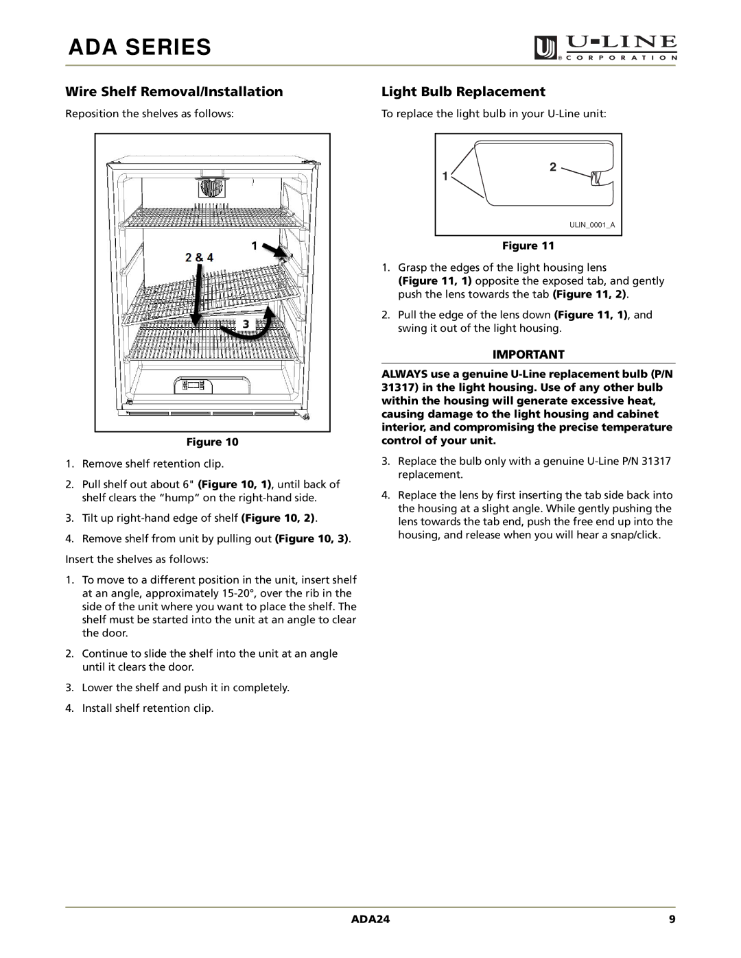 U-Line ADA24RGL manual Wire Shelf Removal/Installation, Light Bulb Replacement 