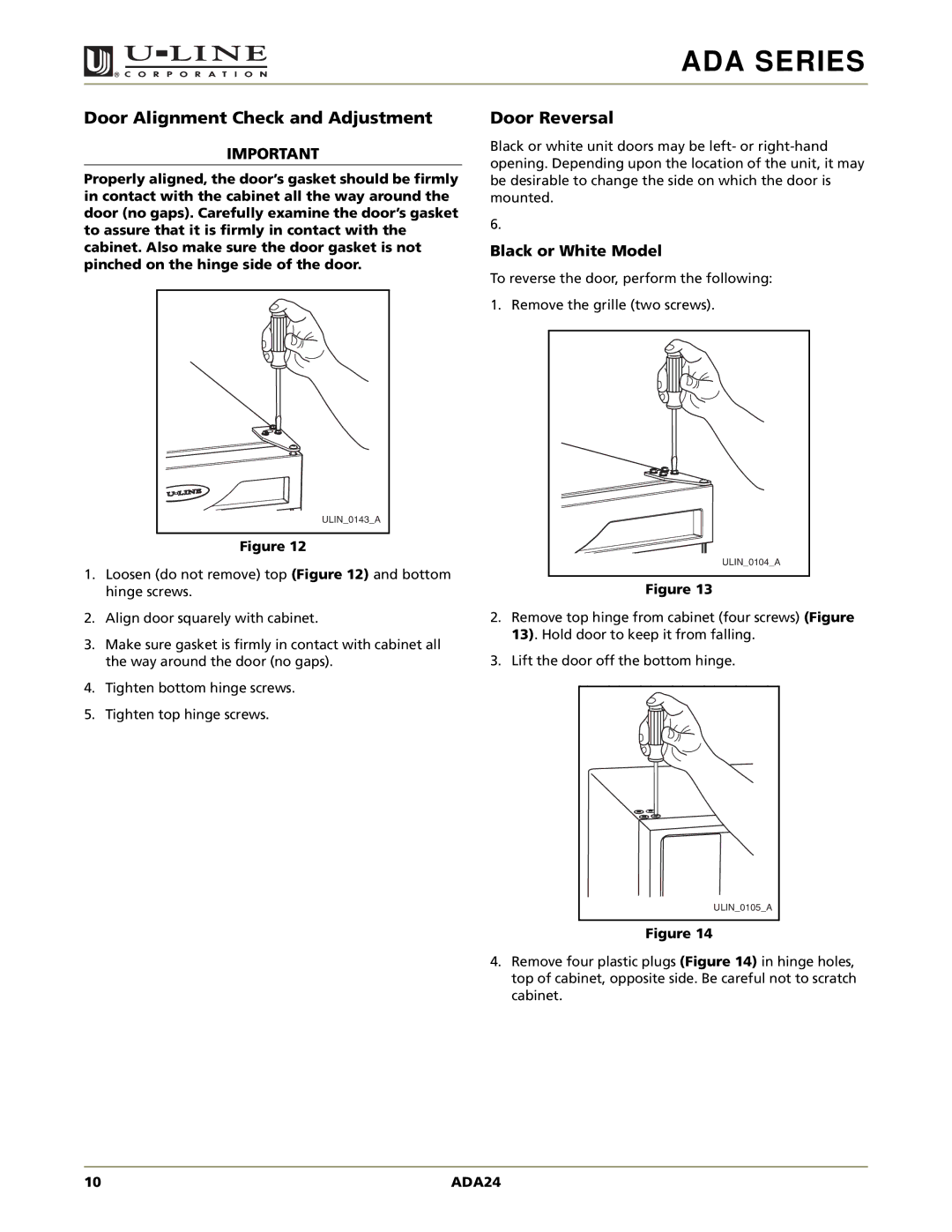 U-Line ADA24RGL manual Door Alignment Check and Adjustment, Door Reversal 