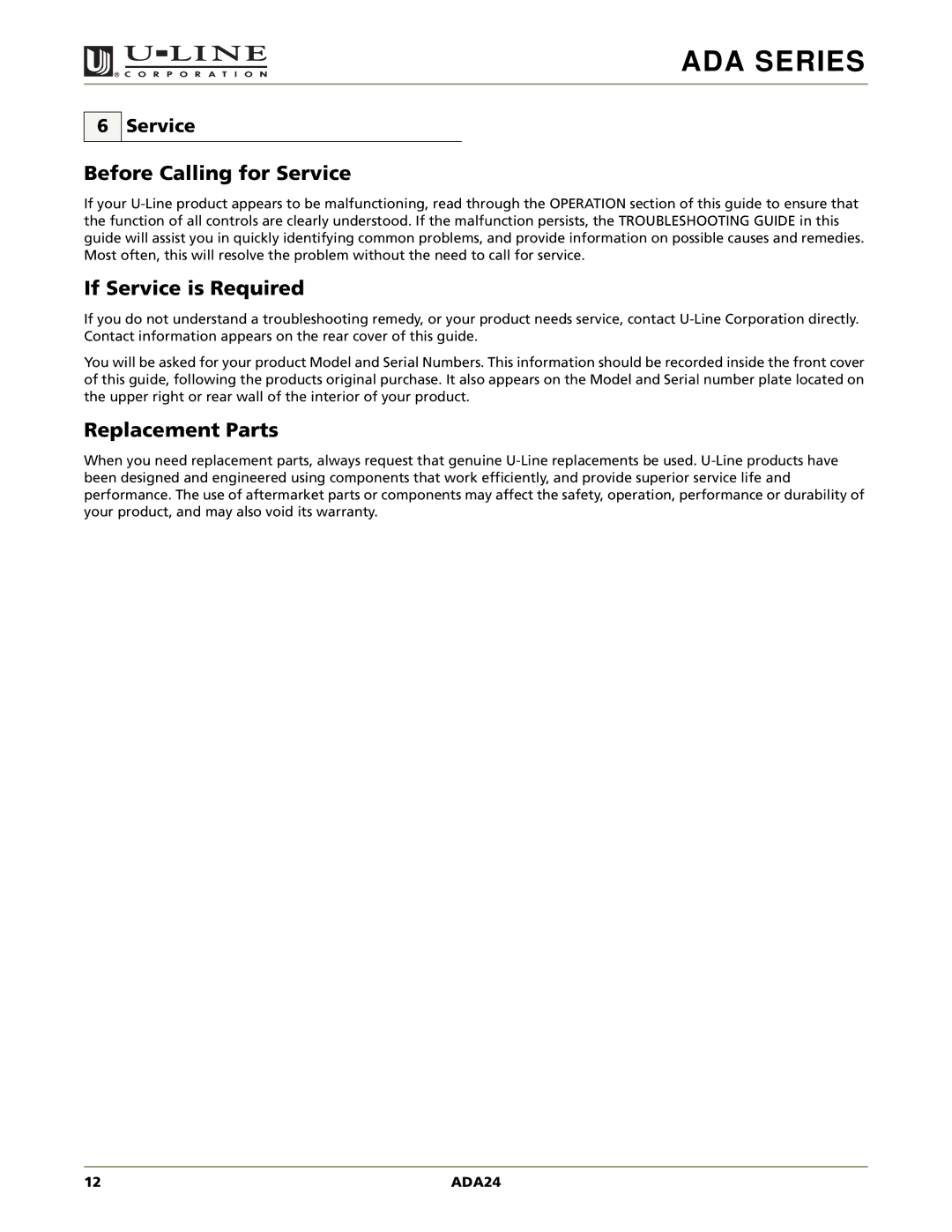 U-Line ADA24RGL manual Before Calling for Service, If Service is Required, Replacement Parts 