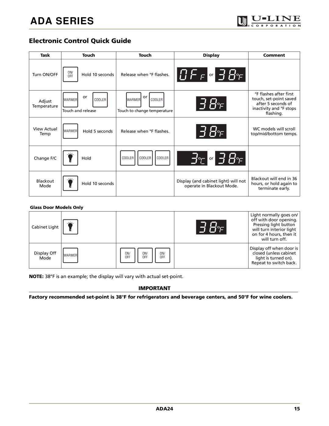 U-Line ADA24RGL manual Electronic Control Quick Guide, Task Touch Display Comment 