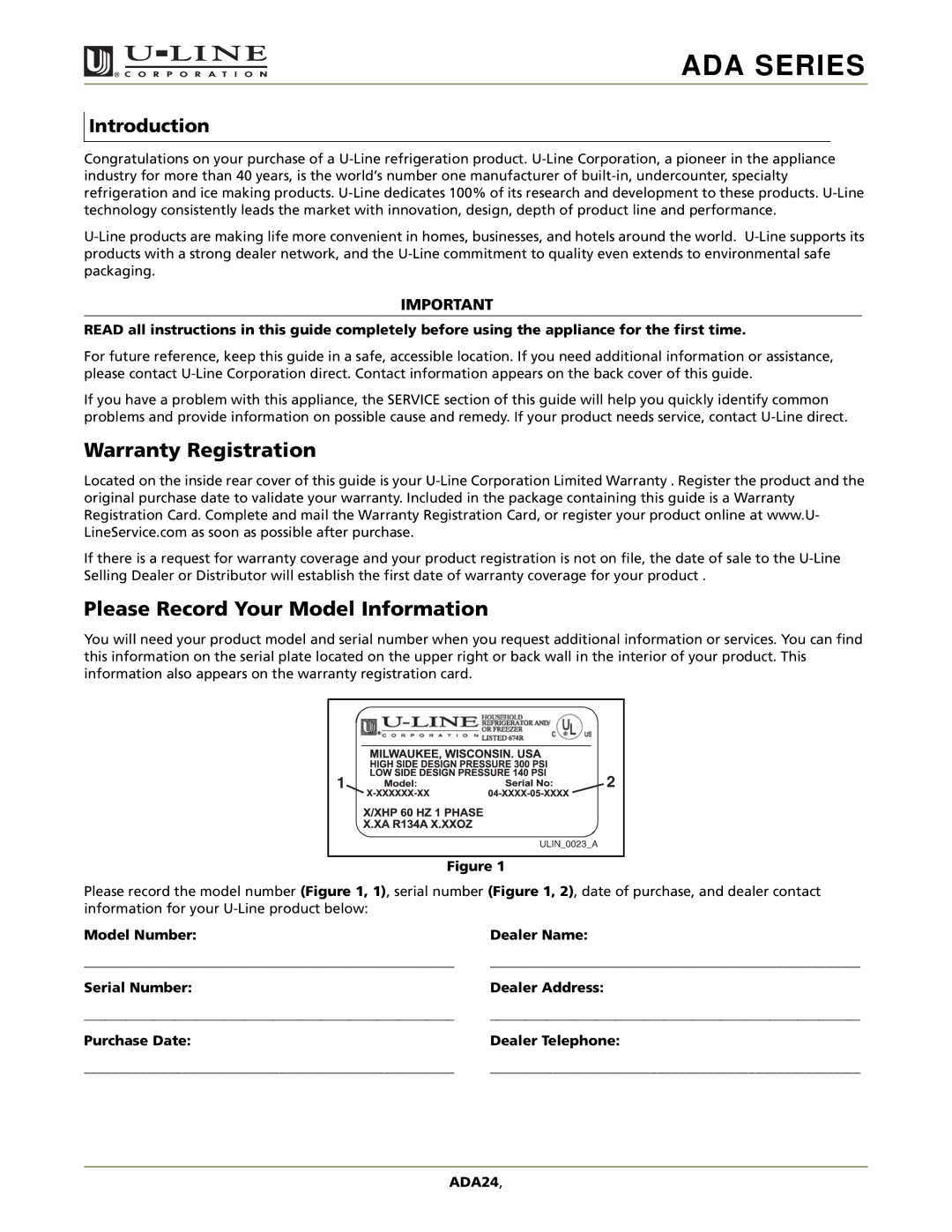 U-Line ADA24RGL manual Warranty Registration, Please Record Your Model Information, Introduction 