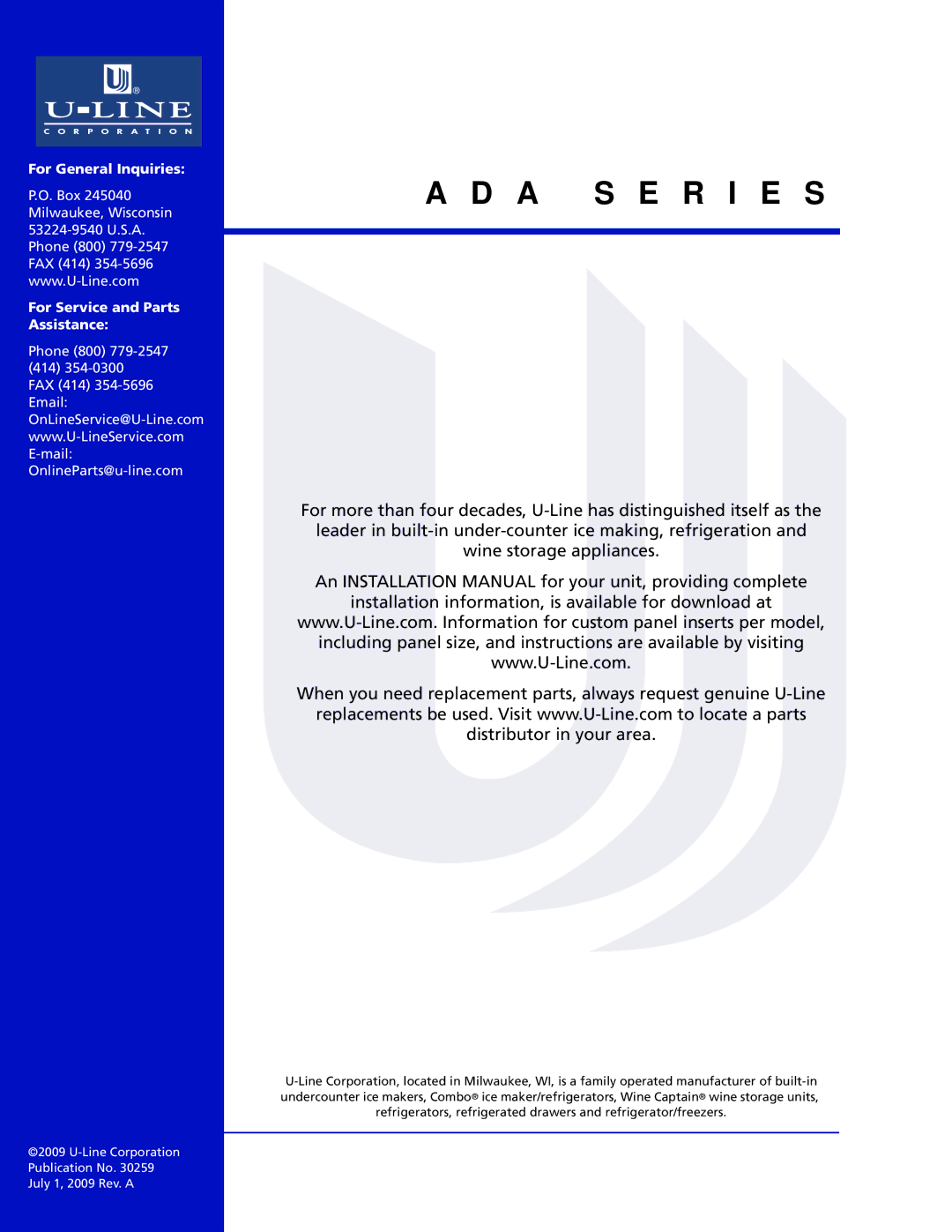 U-Line ADA24RGL manual For General Inquiries For Service and Parts Assistance 