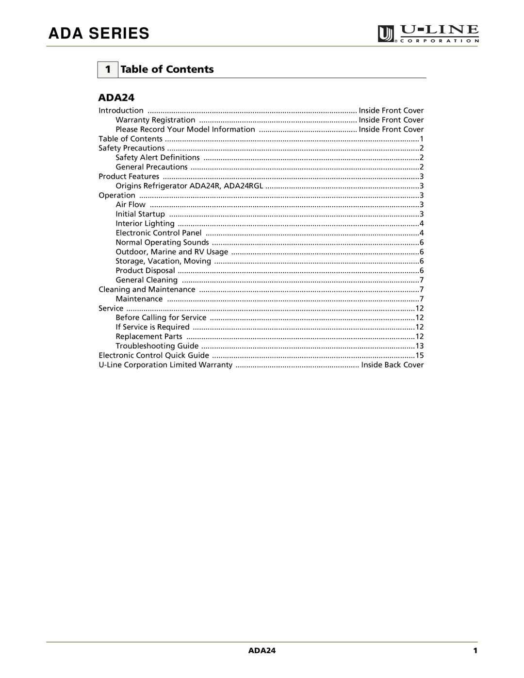 U-Line ADA24RGL manual Table of Contents 