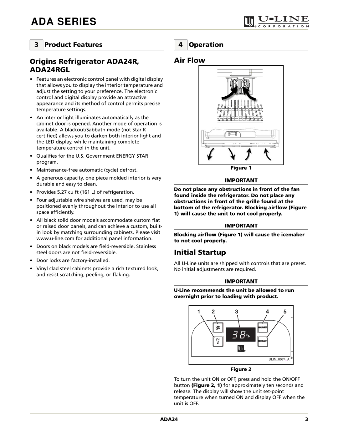 U-Line manual Origins Refrigerator ADA24R, ADA24RGL, Air Flow, Initial Startup, Product Features, Operation 