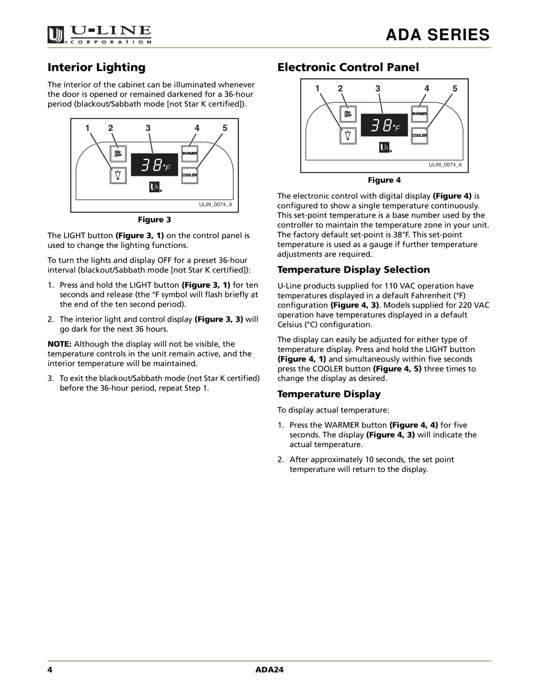 U-Line ADA24RGL manual Interior Lighting, Electronic Control Panel, Temperature Display Selection 