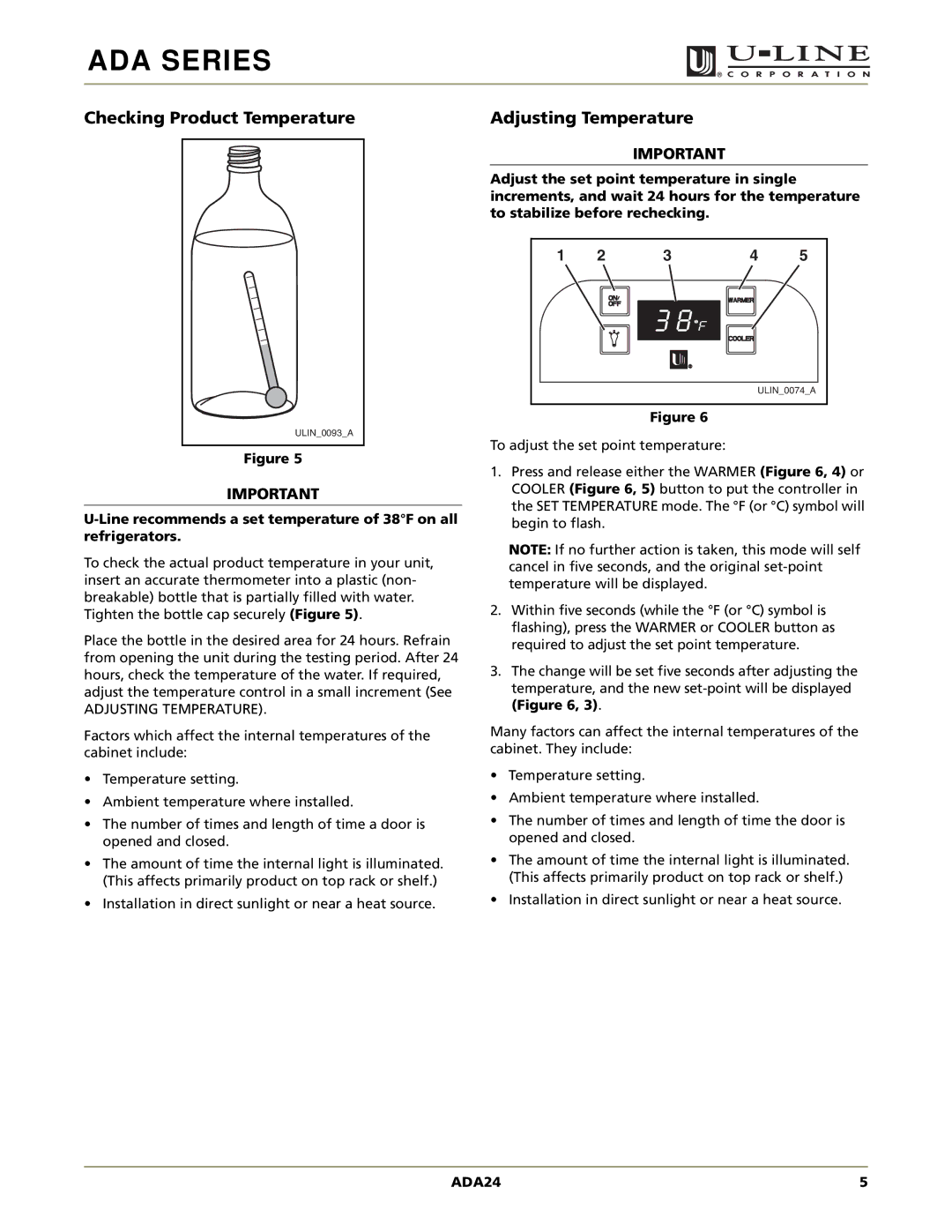 U-Line ADA24RGL manual Checking Product Temperature, Adjusting Temperature 