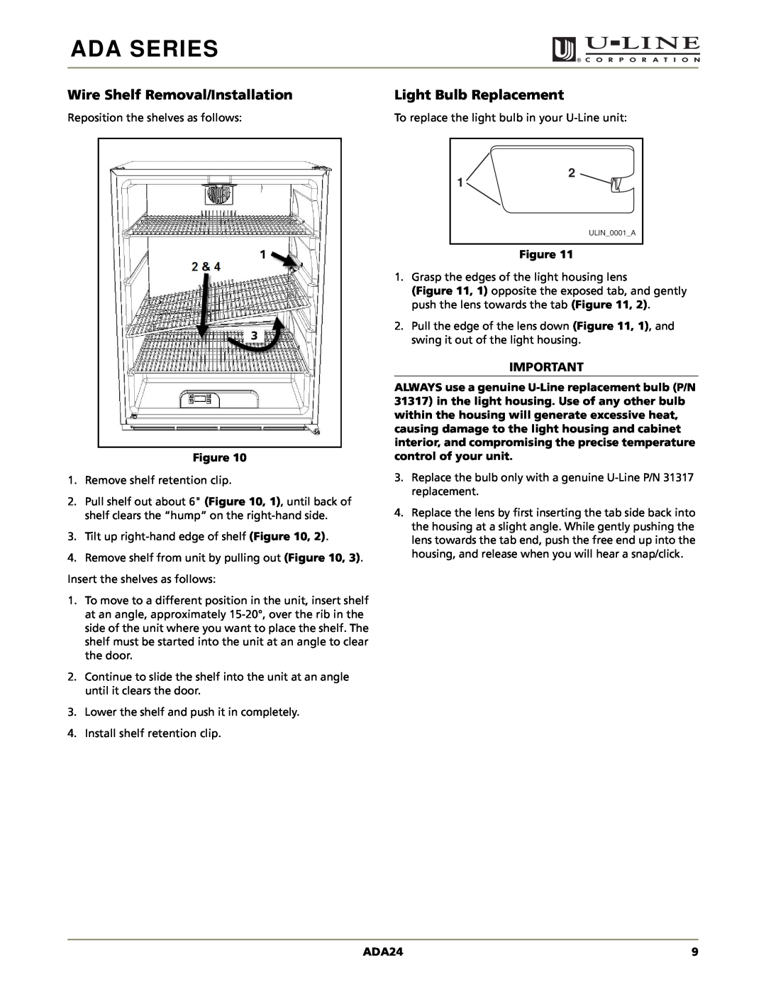 U-Line ADA24RGL manual Wire Shelf Removal/Installation, Light Bulb Replacement, Ada Series 