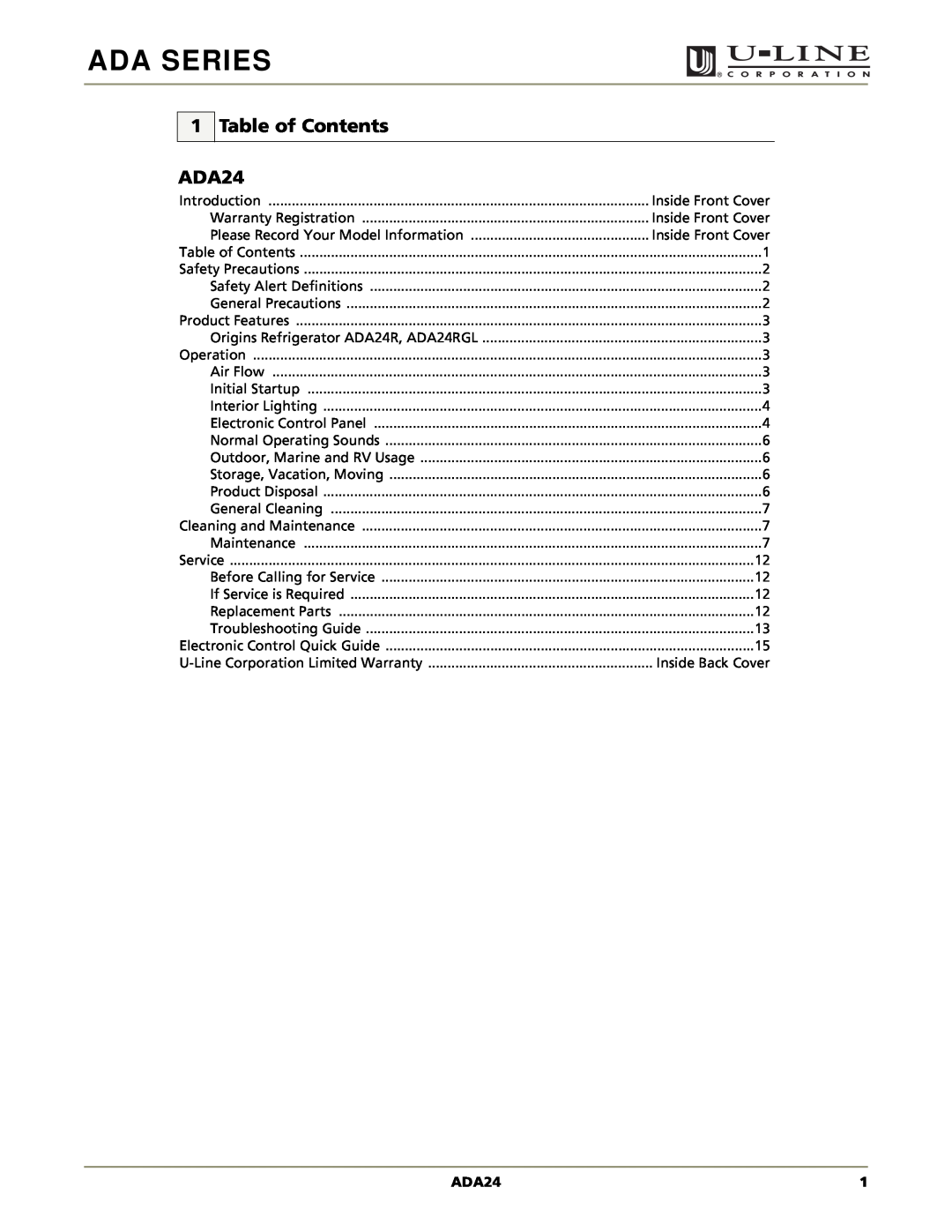 U-Line ADA24RGL manual Table of Contents, Ada Series 