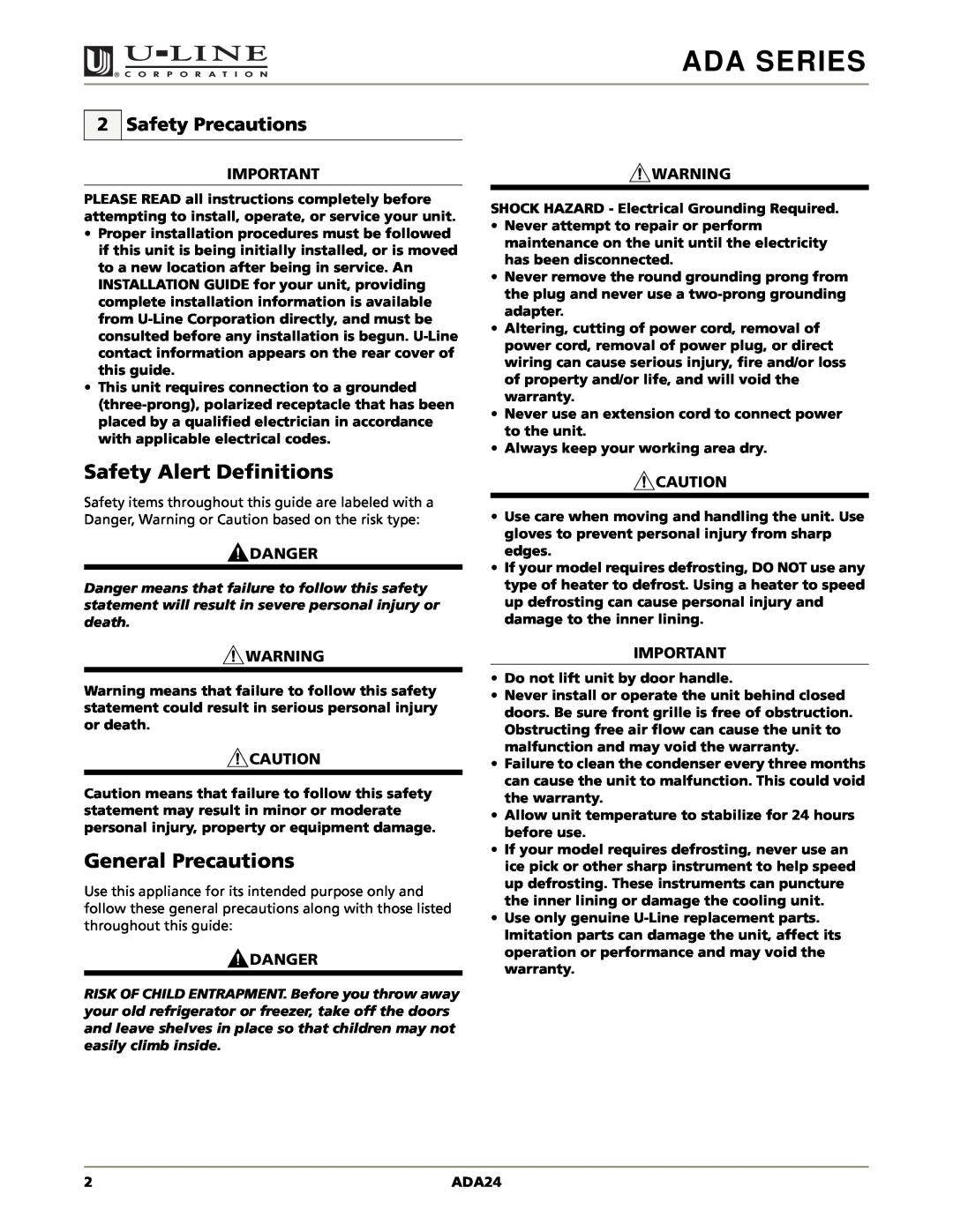 U-Line ADA24RGL manual Safety Alert Definitions, General Precautions, Safety Precautions, Ada Series, Danger 