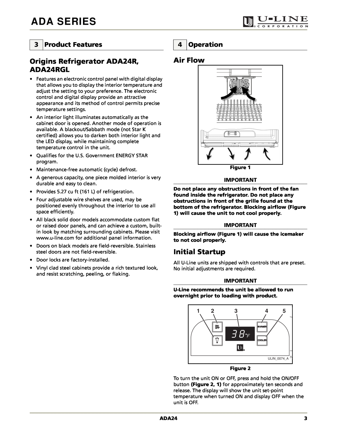 U-Line manual Origins Refrigerator ADA24R, ADA24RGL, Air Flow, Initial Startup, Product Features, Operation, Ada Series 