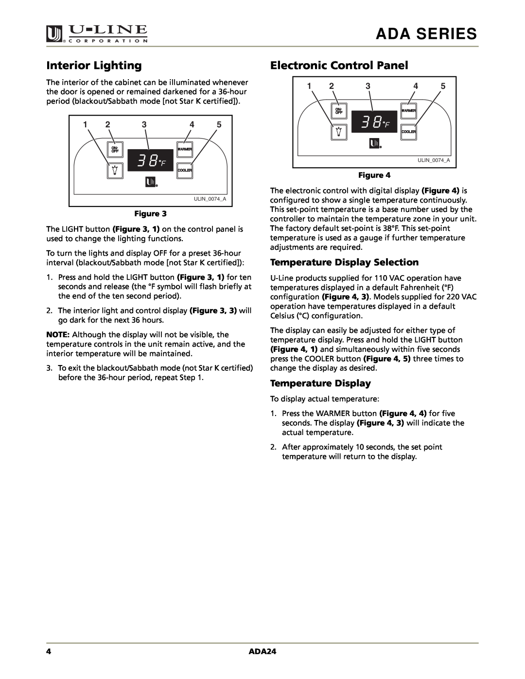 U-Line ADA24RGL manual Interior Lighting, Electronic Control Panel, Temperature Display Selection, Ada Series 