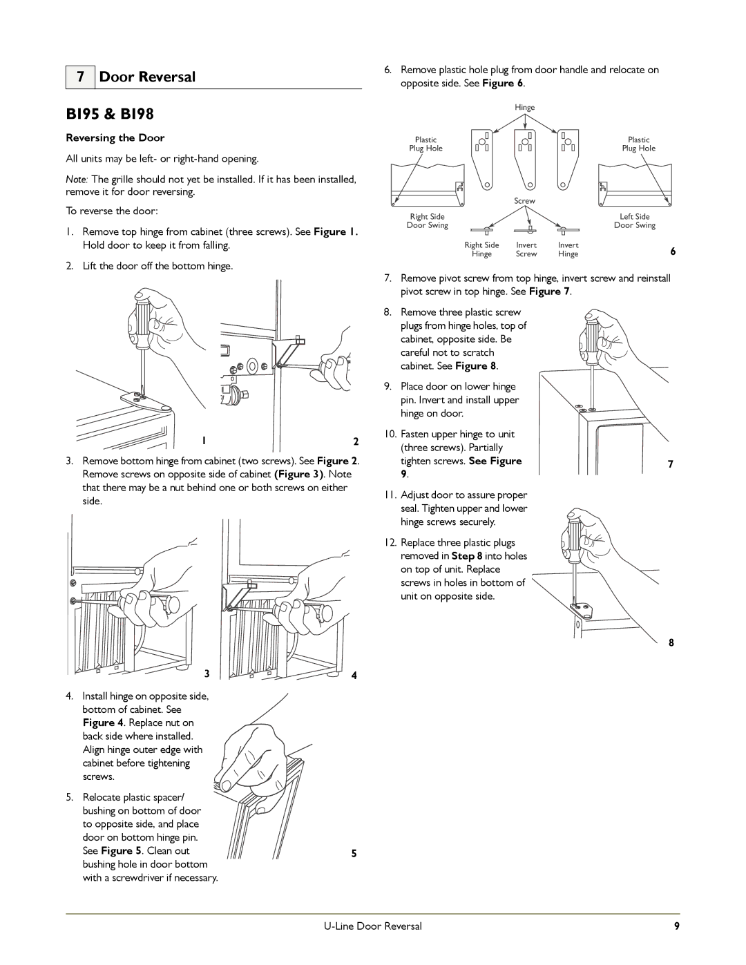 U-Line SS-98, B198, ADA151M, B12115, WH95, B195 manual BI95 & BI98, Door Reversal, Reversing the Door 