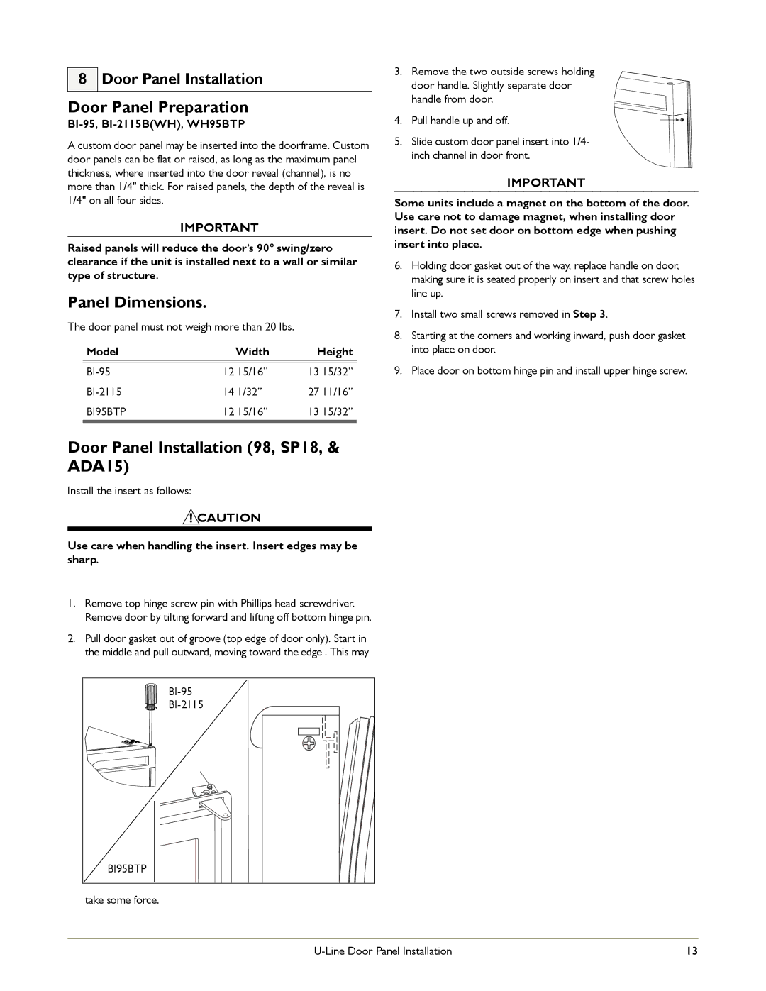 U-Line B12115, B198, ADA151M, WH95, SS-98 Door Panel Preparation, Panel Dimensions, Door Panel Installation 98, SP18, & ADA15 