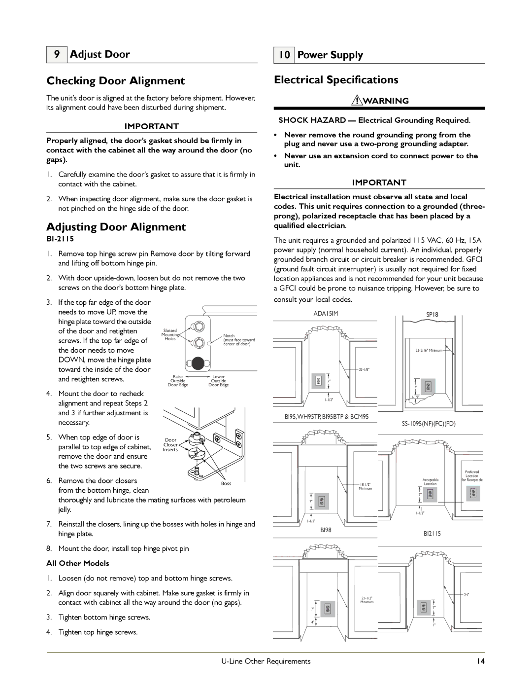 U-Line WH95, B198 Checking Door Alignment, Adjusting Door Alignment, Electrical Specifications, Adjust Door, Power Supply 