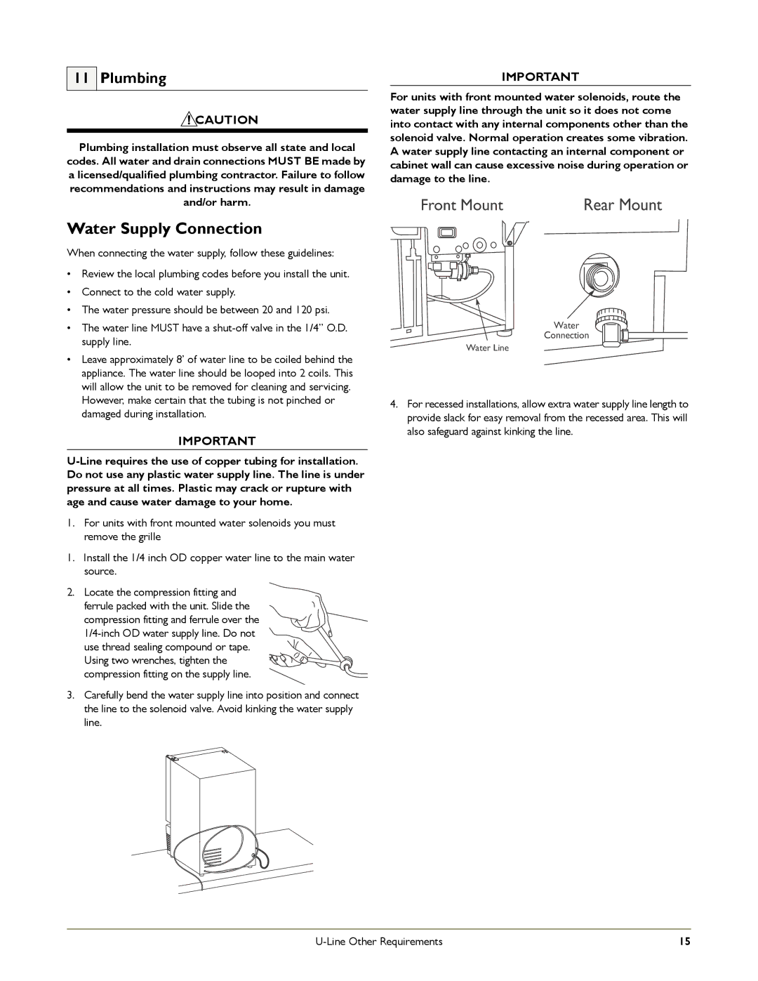 U-Line SS-98, B198, ADA151M, B12115, WH95, B195 manual Water Supply Connection, Plumbing 