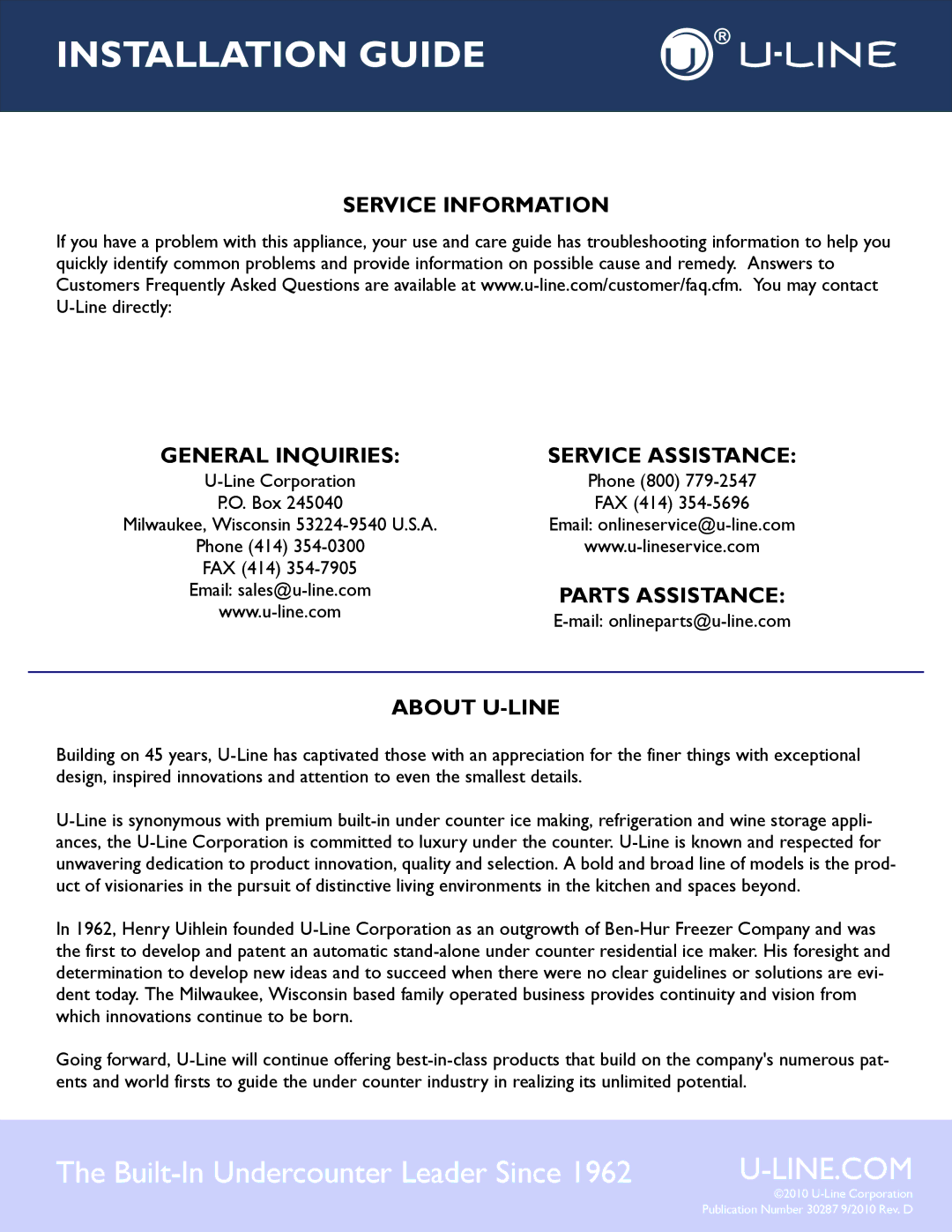 U-Line ADA151M, B198, B12115, WH95, SS-98, B195 manual Installation Guide 