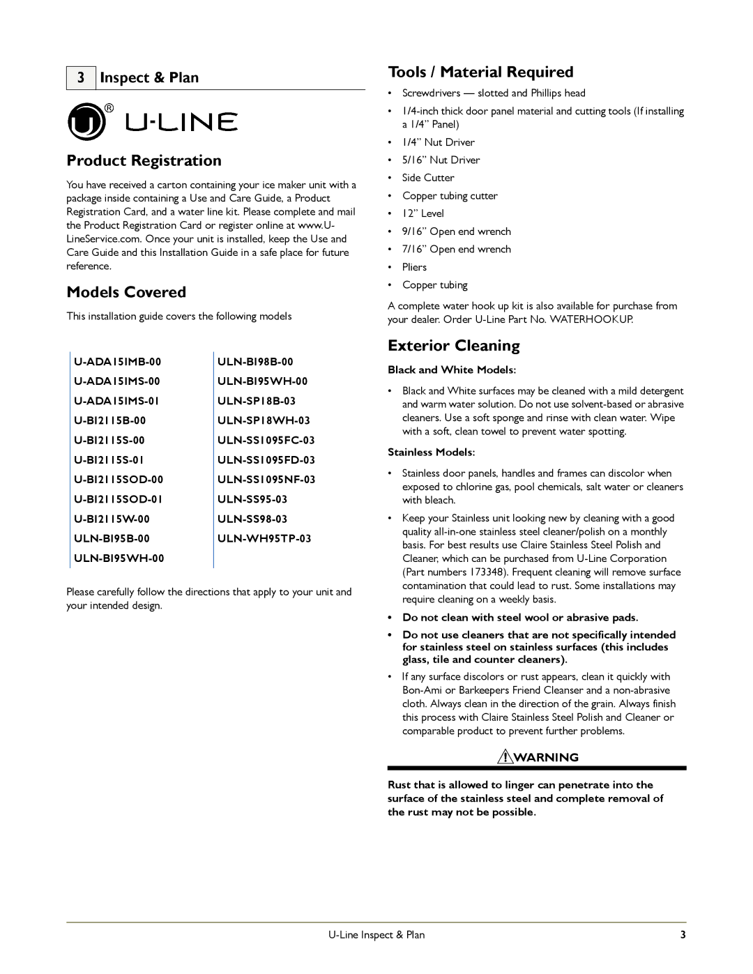 U-Line SS-98, B198, WH95 Product Registration Models Covered, Tools / Material Required, Exterior Cleaning, Inspect & Plan 