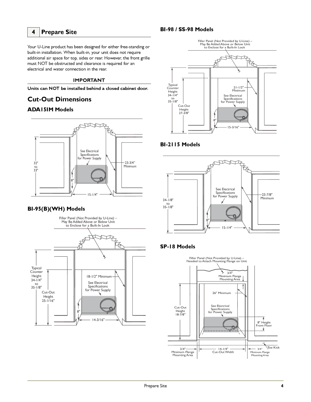 U-Line B195, B198, ADA151M, B12115 Cut-Out Dimensions, Prepare Site, Units can not be installed behind a closed cabinet door 