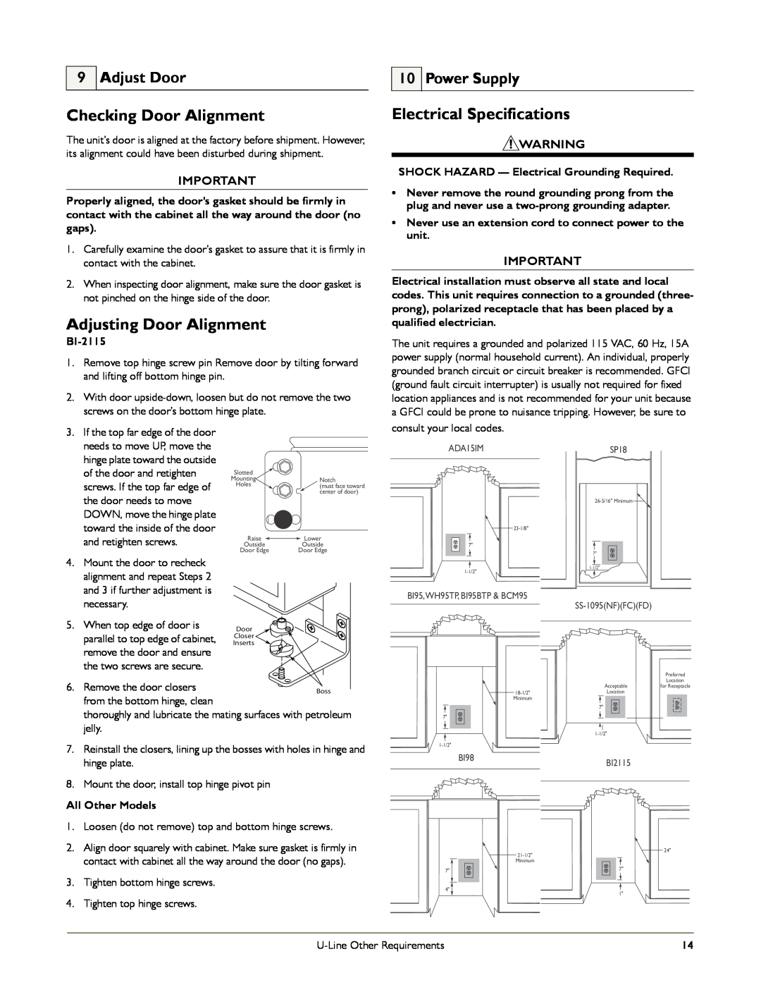 U-Line WH95, B198 Checking Door Alignment, Adjusting Door Alignment, Electrical Specifications, Adjust Door, Power Supply 