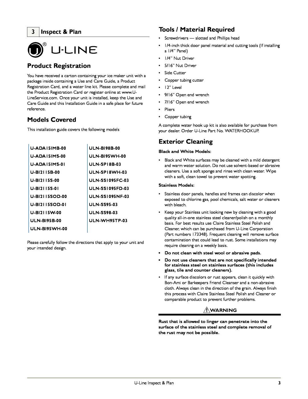 U-Line SS-98, B198, WH95 Product Registration, Models Covered, Tools / Material Required, Exterior Cleaning, Inspect & Plan 