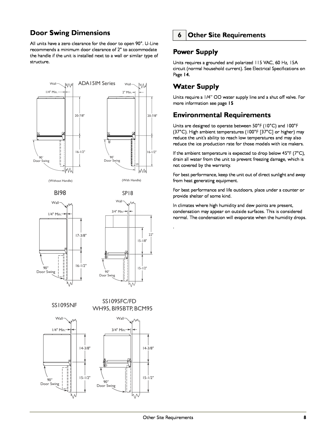 U-Line WH95 Door Swing Dimensions, Power Supply, Water Supply, Environmental Requirements, Other Site Requirements, BI98 