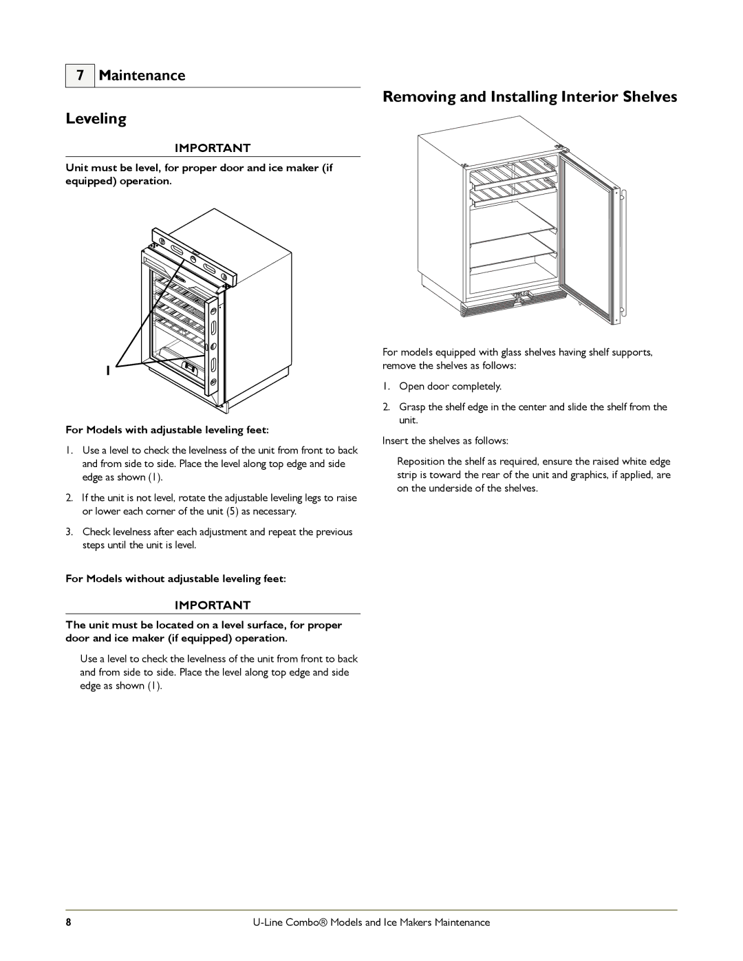 U-Line ADA151M, B198, B12115 manual Leveling, Removing and Installing Interior Shelves, Maintenance 