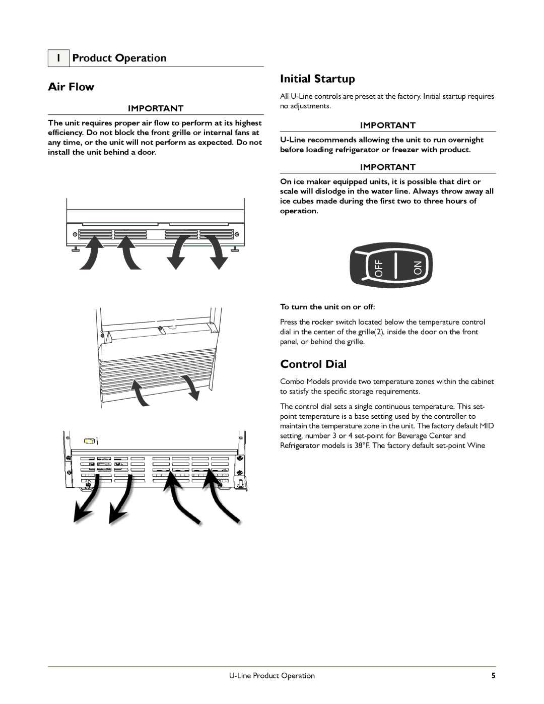 U-Line ADA151M, B198, B12115 manual Air Flow, Initial Startup, Control Dial, Product Operation, To turn the unit on or off 