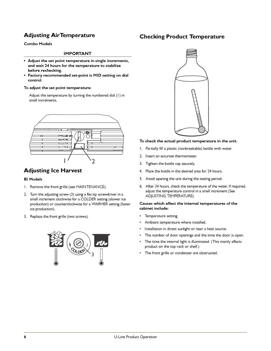 U-Line B12115, B198, ADA151M manual Adjusting AirTemperature, Adjusting Ice Harvest, Checking Product Temperature, BI Models 