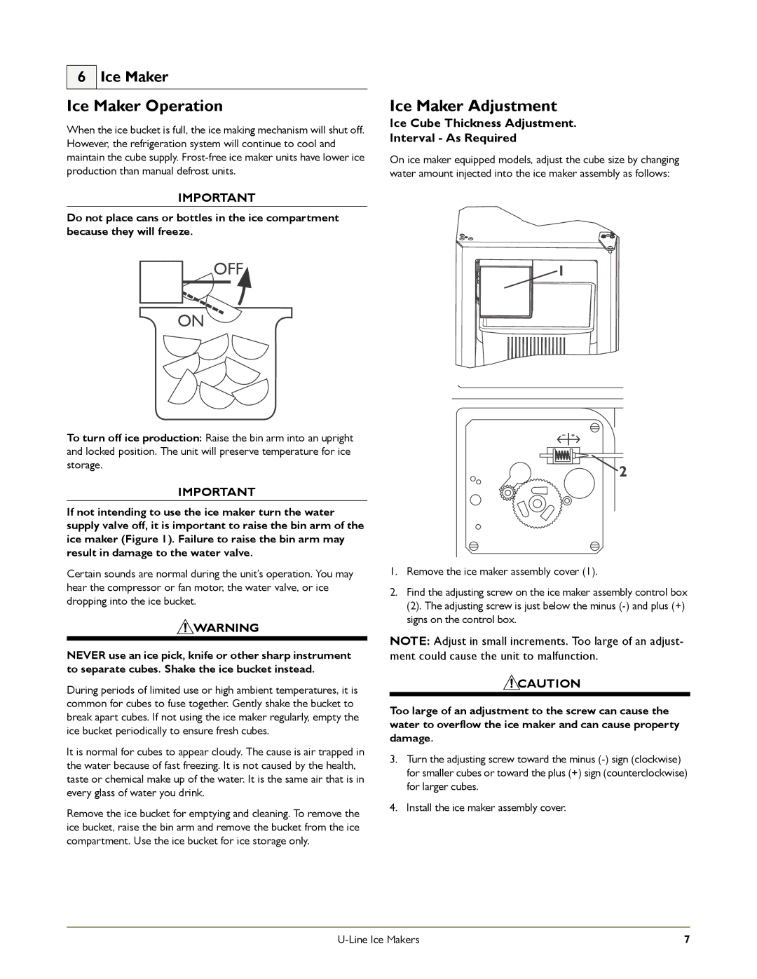 U-Line B198, ADA151M, B12115 manual Ice Maker Operation, Ice Maker Adjustment 