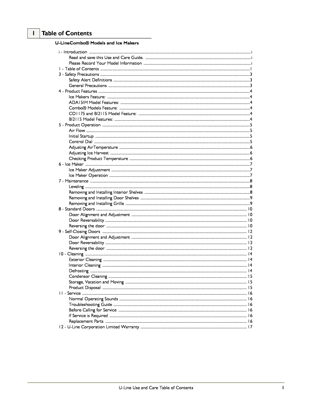 U-Line B198, ADA151M, B12115 manual Table of Contents, U-LineComboModels and Ice Makers 