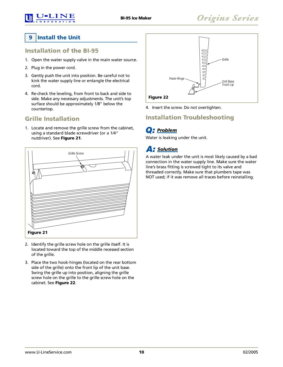 U-Line manual Installation of the BI-95, Grille Installation, Installation Troubleshooting, Install the Unit 