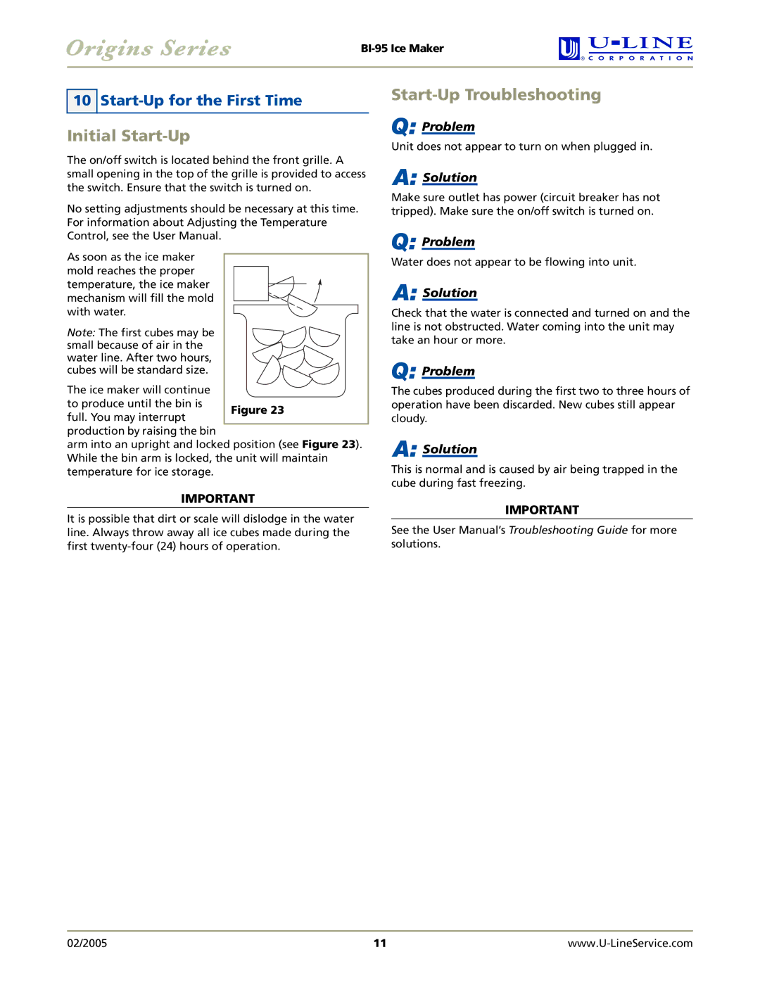U-Line BI-95 manual Initial Start-Up, Start-Up Troubleshooting, Start-Up for the First Time 