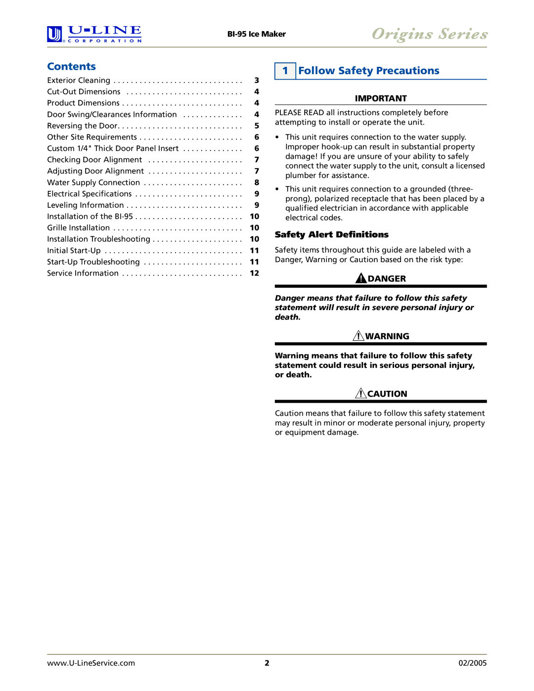 U-Line BI-95 manual Contents, Follow Safety Precautions 