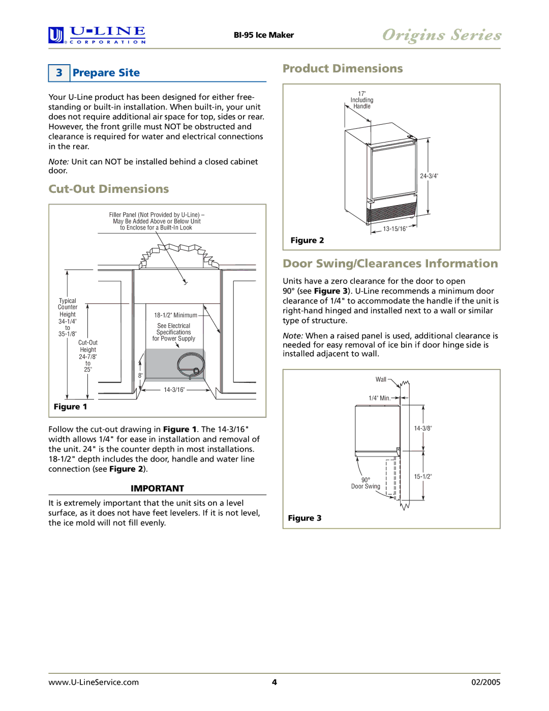 U-Line BI-95 manual Cut-Out Dimensions, Product Dimensions, Door Swing/Clearances Information, Prepare Site 