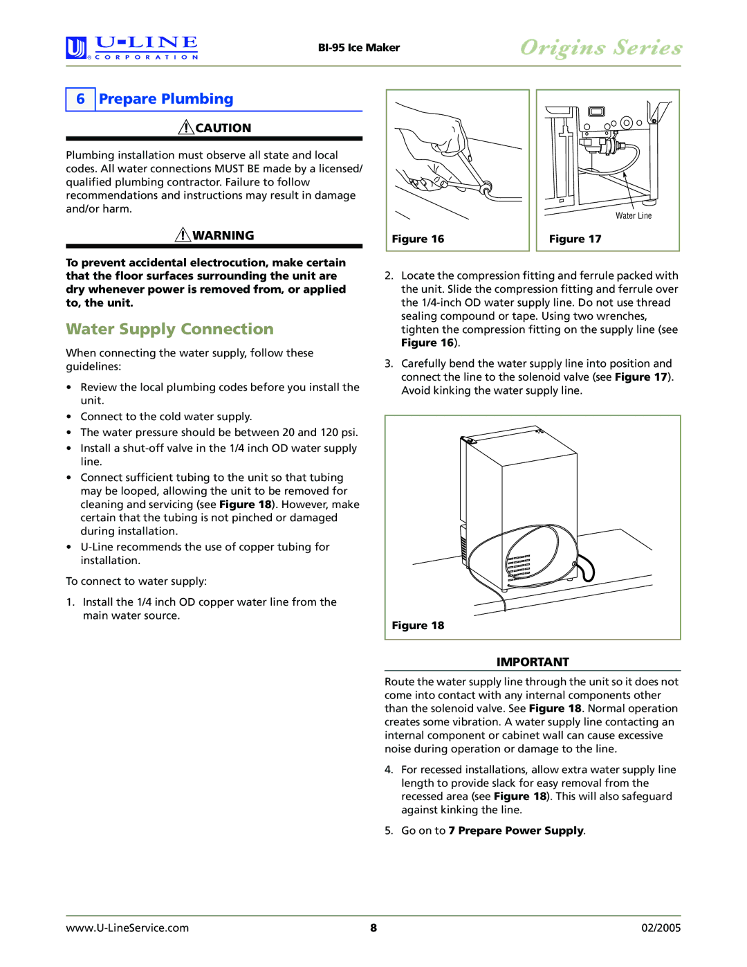 U-Line BI-95 manual Water Supply Connection, Prepare Plumbing 