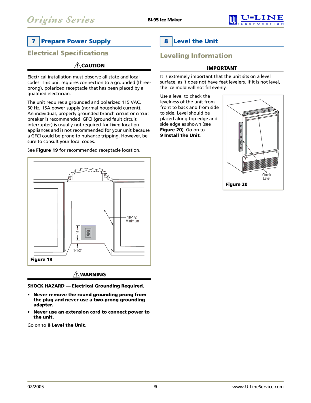 U-Line BI-95 manual Electrical Specifications, Leveling Information, Prepare Power Supply, Level the Unit 