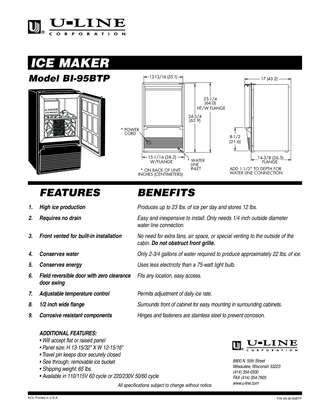 U-Line specifications ICE Maker, Features Benefits, Model BI-95BTP, Additional Features 