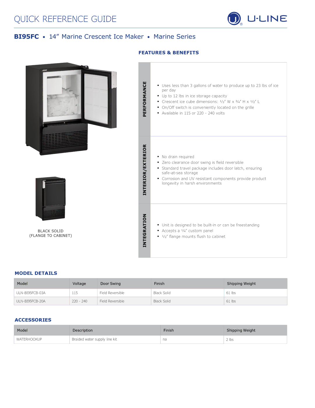 U-Line manual BI95FC 14 Marine Crescent Ice Maker Marine Series, Features & Benefits 