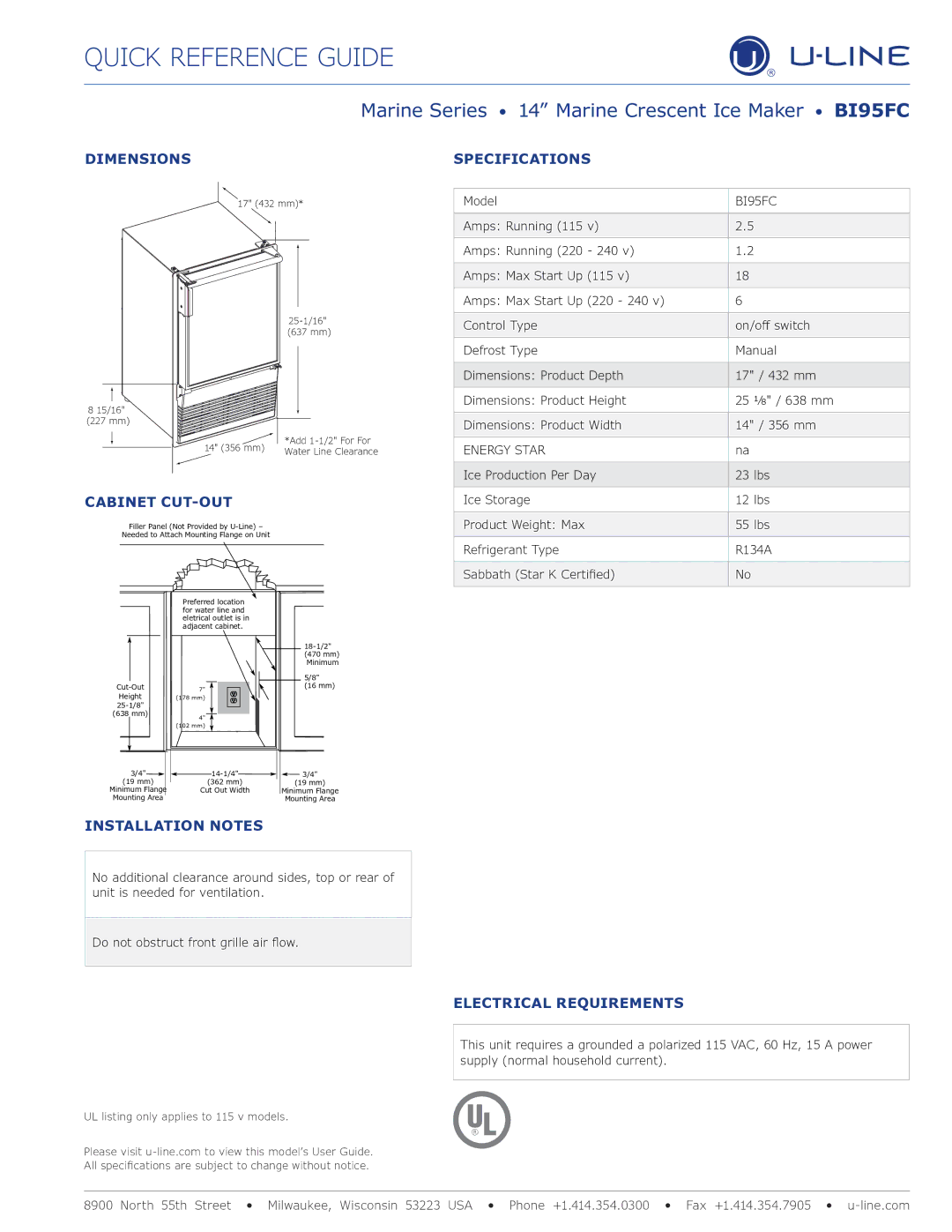 U-Line manual Marine Series 14 Marine Crescent Ice Maker BI95FC 