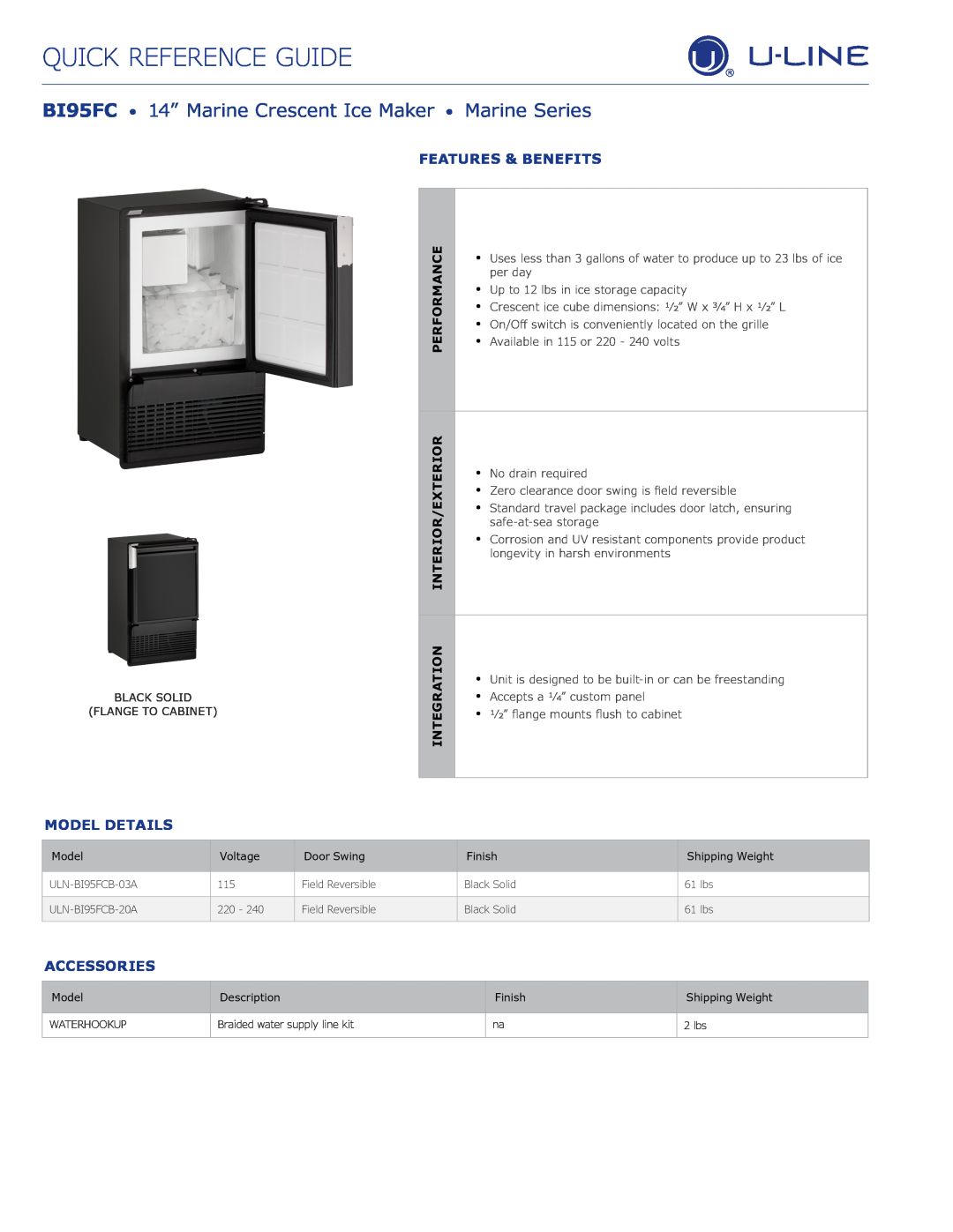 U-Line BI95FC manual Quick Reference Guide, Features & Benefits, Model Details, Accessories 